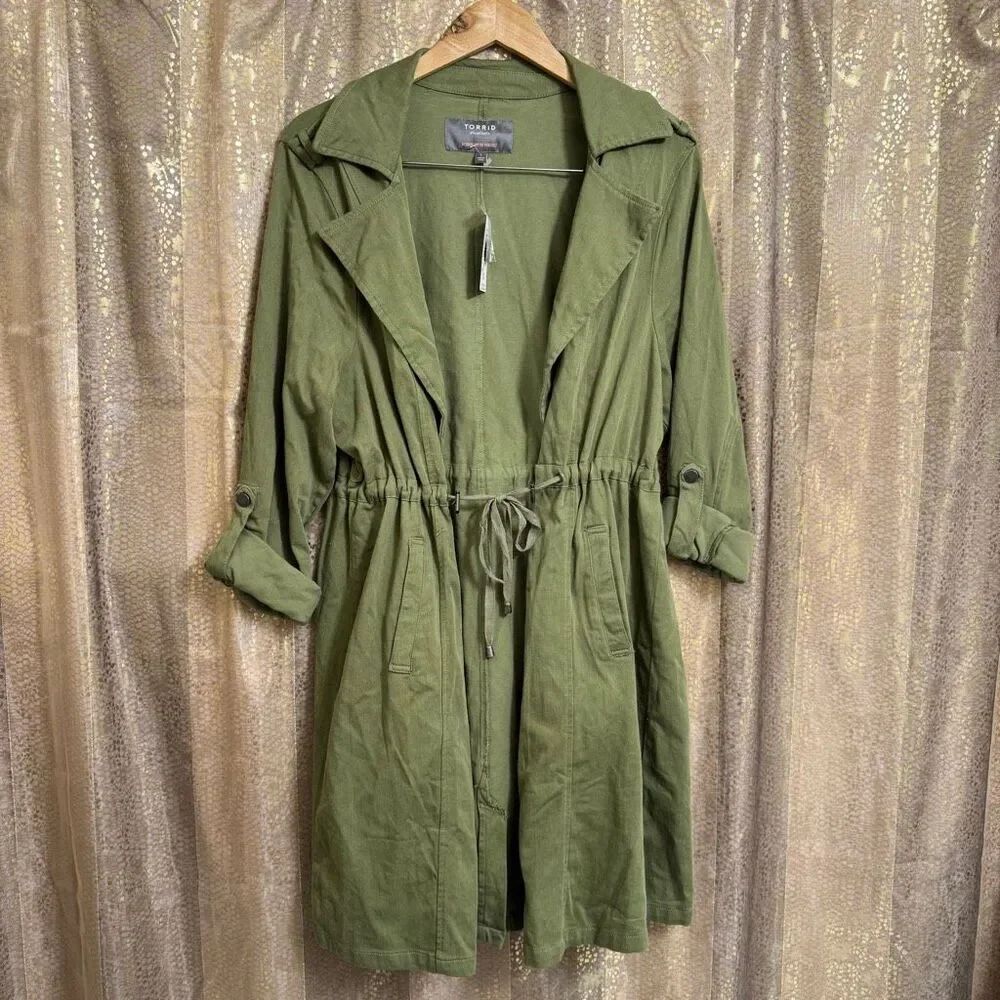 Torrid Olive Green Lightweight Drape Front Trench Coat Size 1X NWT